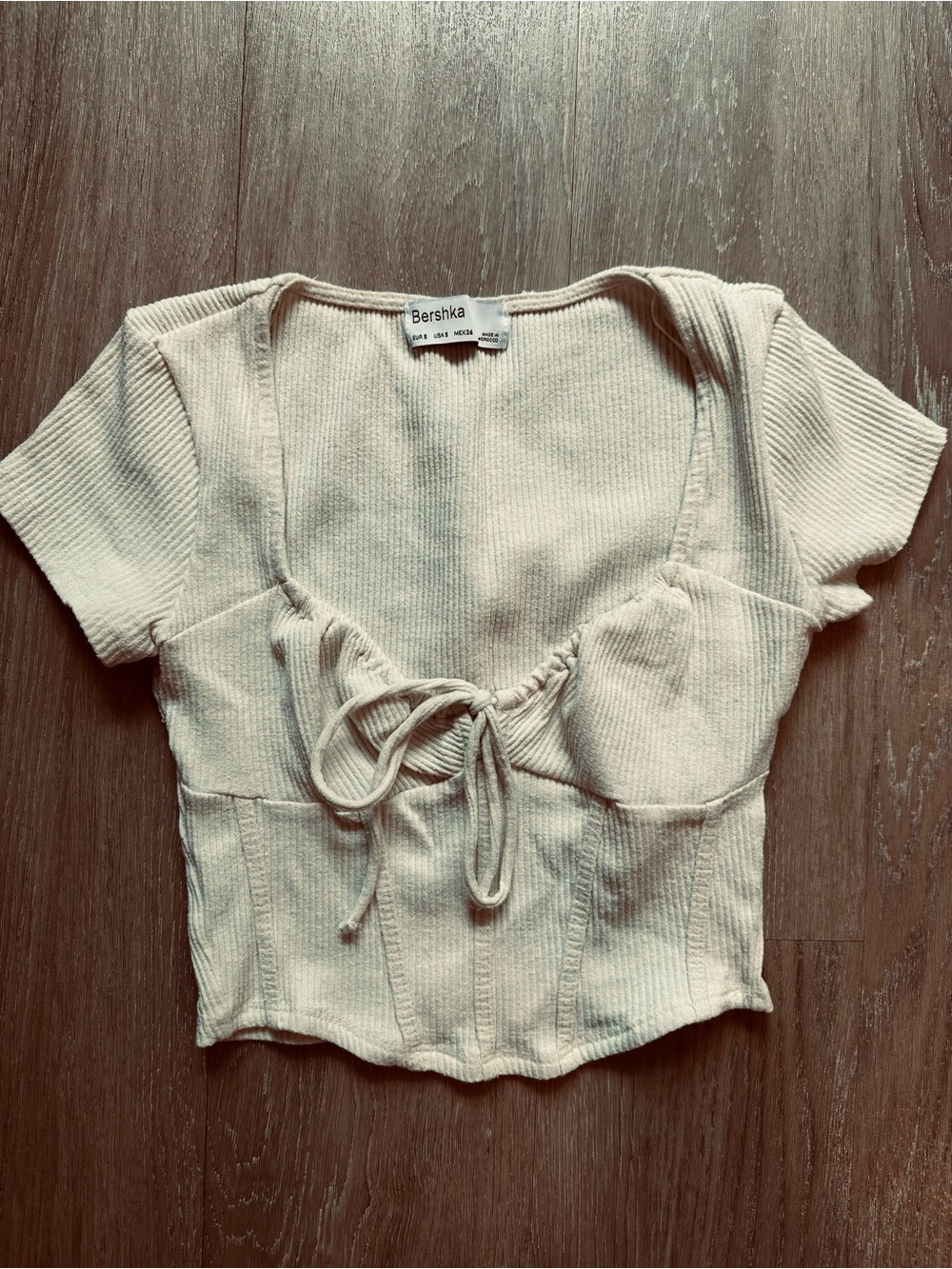 Bershka Cream Ribbed Tie Front Corset Crop Top Size S